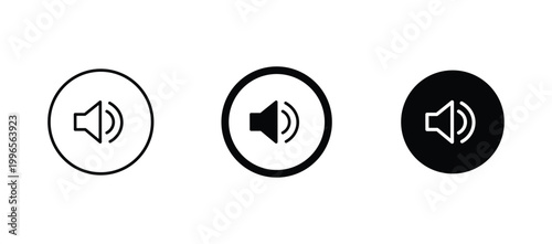 Minimalist speaker volume icon set, black and white audio sound symbols, circular multimedia control buttons for interface design