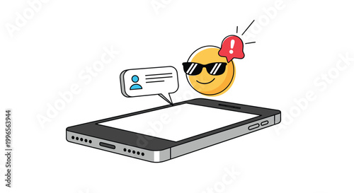 Social engineering and phishing message alert on a smartphone screen featuring a suspicious cool emoji with sunglasses and a warning bell.