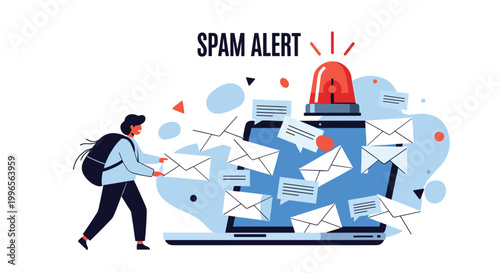 Email spam alert and message overload concept showing a person running away from a laptop overflowing with envelopes and a red siren.