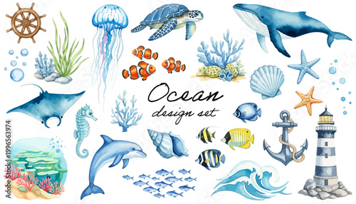 海の生き物とマリンモチーフのイラストセット｜クジラ・イルカ・珊瑚・灯台