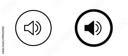 Minimalist speaker volume icon set, black and white audio sound symbols in circular frames, modern multimedia interface vector elements