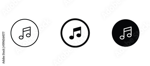 Minimalist music note icon set, black and white musical melody symbols in circular frames, 3 vector elements for audio player interface design