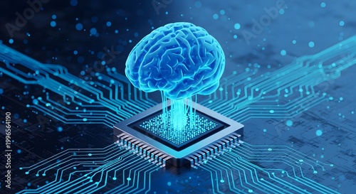 Digital brain on microchip with glowing circuits, artificial intelligence