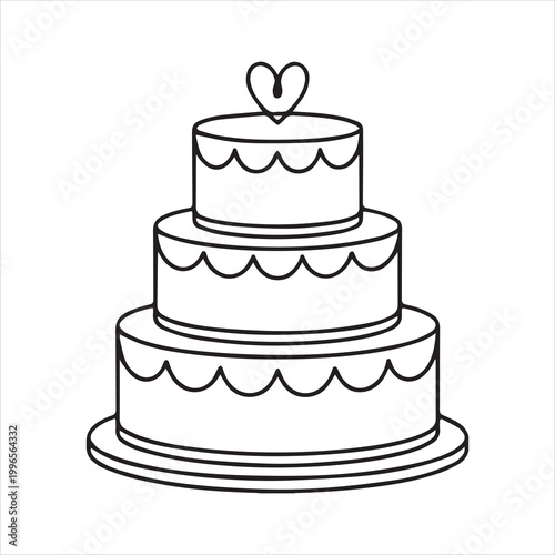 Simple hand drawn outline of a three tier wedding cake with a heart on top