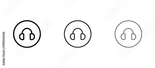 Minimalist headphone icon set in circular frames, black line art headset symbols with varying stroke weights, 3 vector audio equipment buttons