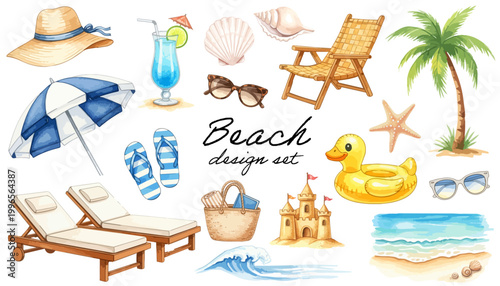 ビーチアイテムと夏の海リゾートイラストセット｜ヤシの木・浮き輪・波・砂浜