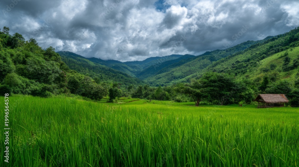 Fototapeta premium Lush Green Rice Field Landscape Surrounded by Majestic Mountains Under Dramatic Cloudy Sky in Remote Natural Environment