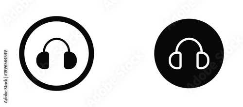Minimalist headphone icon set, black and white circular audio symbols, modern music headset vector illustrations for interface design
