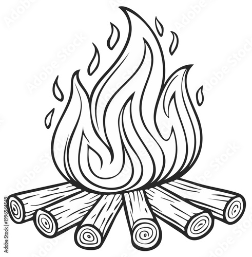 Campfire line art illustration of burning logs and flames for camping or outdoors designs