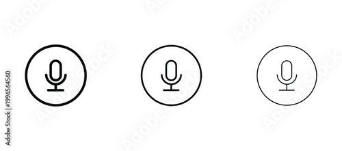 Minimalist microphone icon set in circular frames, black outline mic symbols for podcast and voice recording, three line weight variations vector
