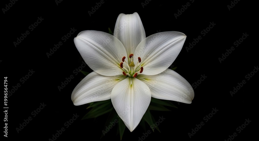 Fototapeta premium A white lily flower with vibrant green leaves against a black background.