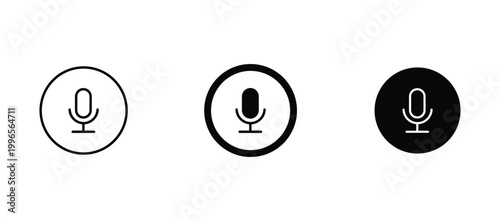 Minimalist microphone icon set, black and white podcast mic symbols, vector voice recording button collection for mobile app and web interface design