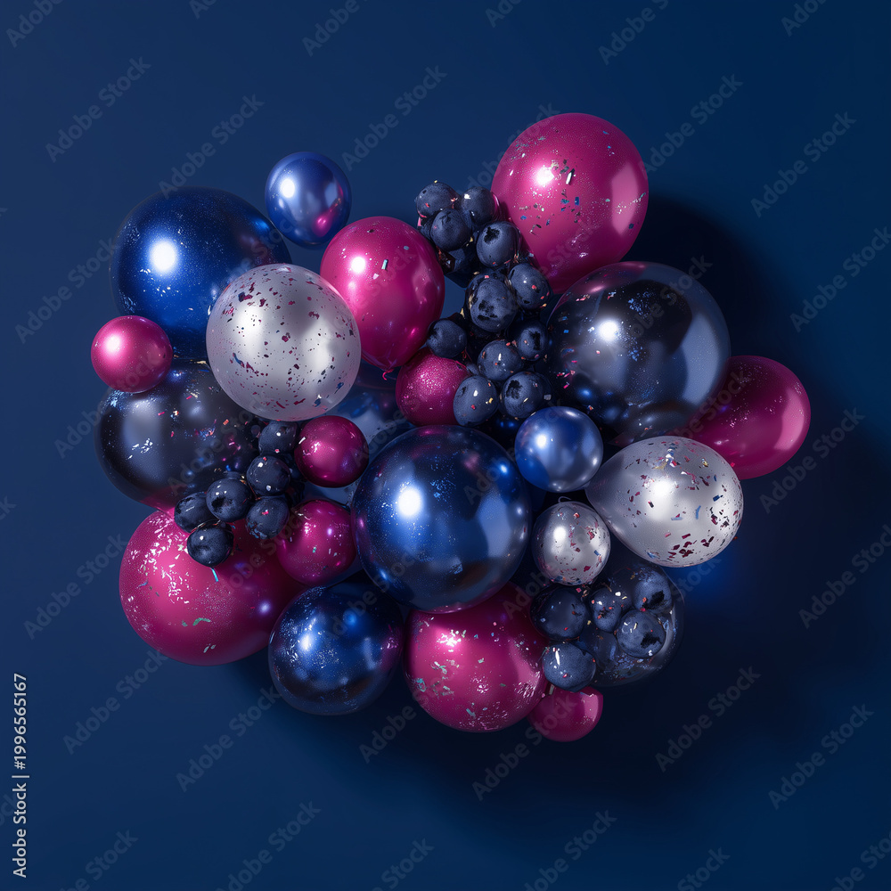 Fototapeta premium Jewel tone metallic balloon cluster with confetti on dark blue