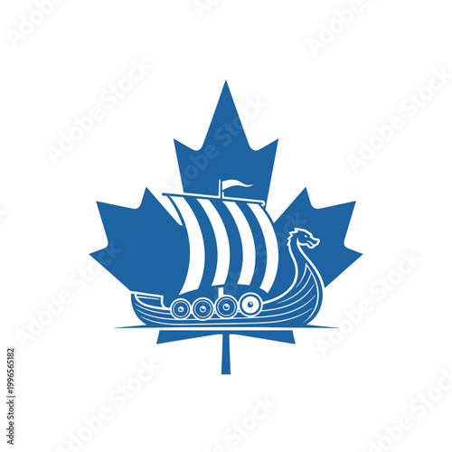 Blue maple leaf logo with white viking ship silhouette