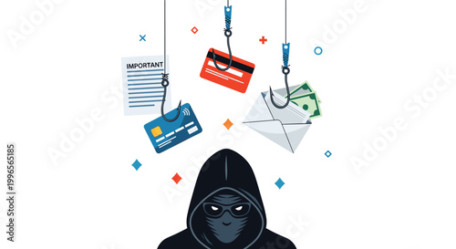 Identity theft and phishing concept showing a hooded hacker silhouette with hooks catching credit cards, money, and important documents.
