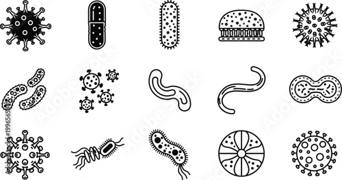 Set of Hand-Drawn Bacteria, Virus, and Microbe Vector Icons for Science, Healthcare, and Medical Designs