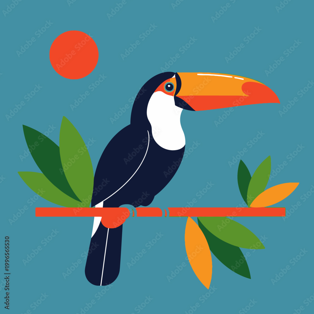 Fototapeta premium Flat vector illustration of a toucan perched on branch