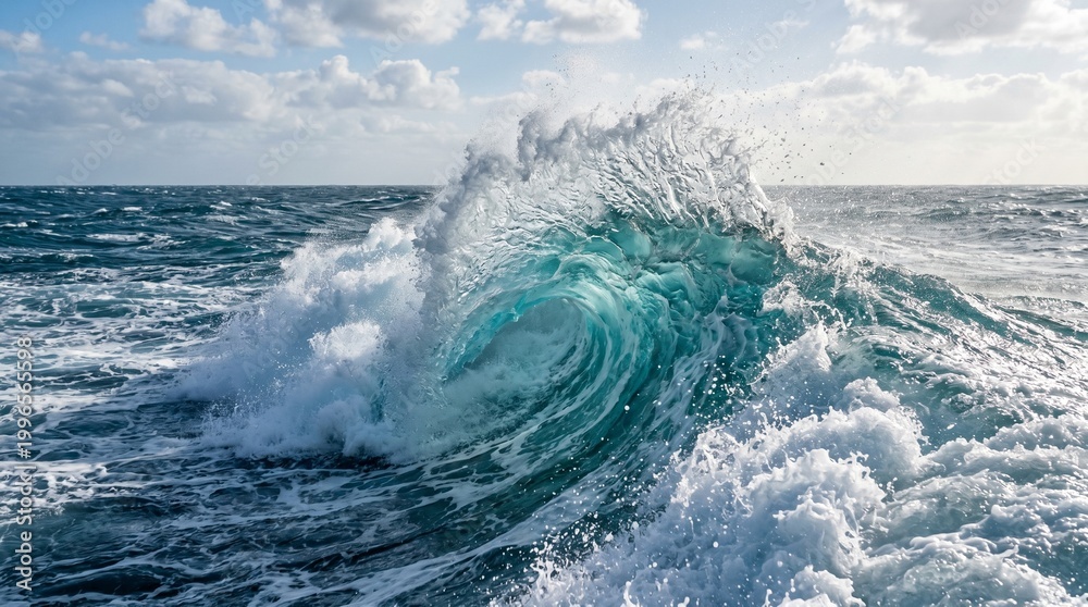 Obraz premium Powerful turquoise ocean wave curling and crashing in open sea under a partly cloudy sky
