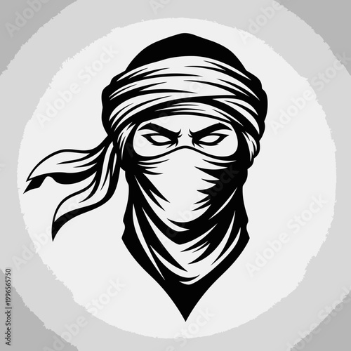 Masked warrior with headscarf and face mask on circle background