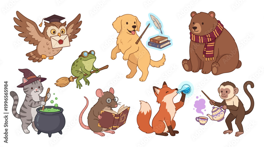 Fototapeta premium Set of cute cartoon animals engaged in magical and wizardry activities, perfect for children's illustrations and fantasy themes.