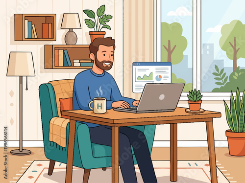 smiling man working on laptop at home