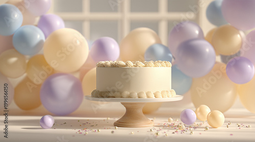 Birthday cake on stand with pastel balloons and sprinkles