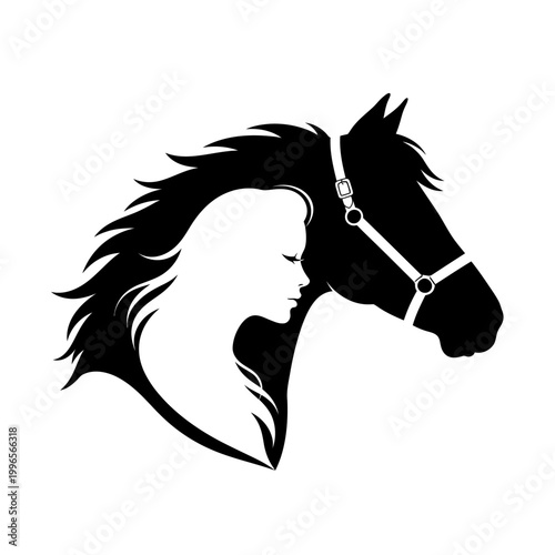 Silhouette of a horse head and woman in negative space