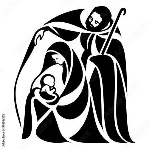 Minimalist vector illustration of the Holy Nativity scene featuring Mary, Joseph, and baby Jesus. Stylized silhouette art for Christmas projects, religious designs, and holiday cards