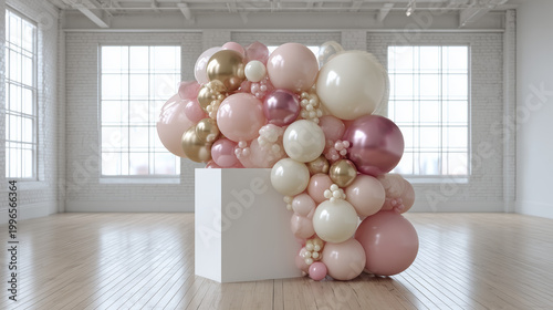 Mauve and cream balloon cluster around pedestal in loft studio