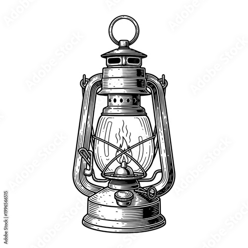 Vintage kerosene oil lantern illustration in woodcut style