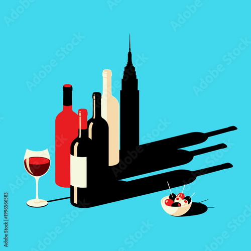 Wine bottles casting New York City skyline shadows on blue