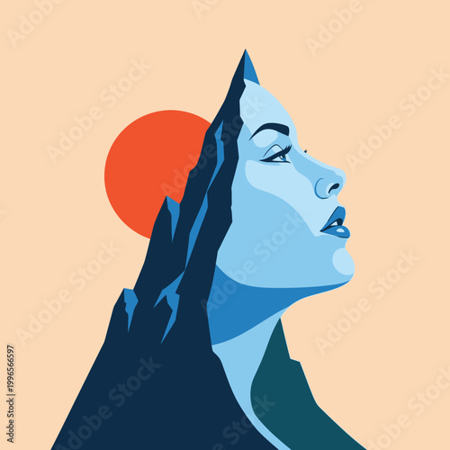 Woman profile silhouette merged with mountain peak and sun