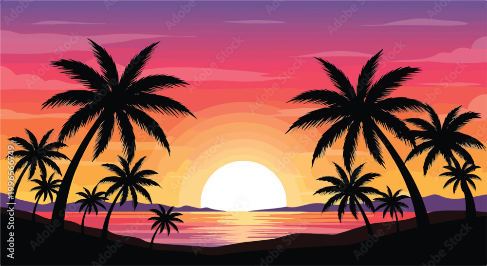 Fototapeta premium A serene beach at sunset with palm trees