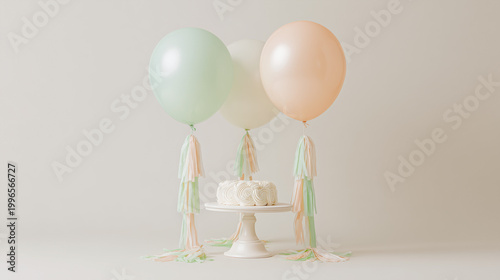 Minimal birthday cake with two balloons on neutral background