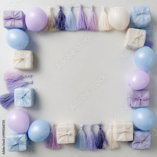 Pastel balloon and gift border with tassels and copy space
