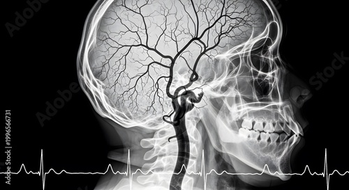 X-ray of human head showing brain arteries and heart rhythm with x ray, arteries