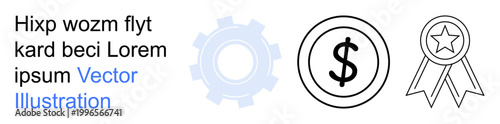 Business strategy, financial management, achievement recognition, process optimization, economics, goal setting. Gear mechanism, dollar sign and ribbon icon. Business strategy and financial