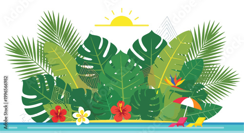 Foto A serene beach scene with lush greenery and vibrant flowers