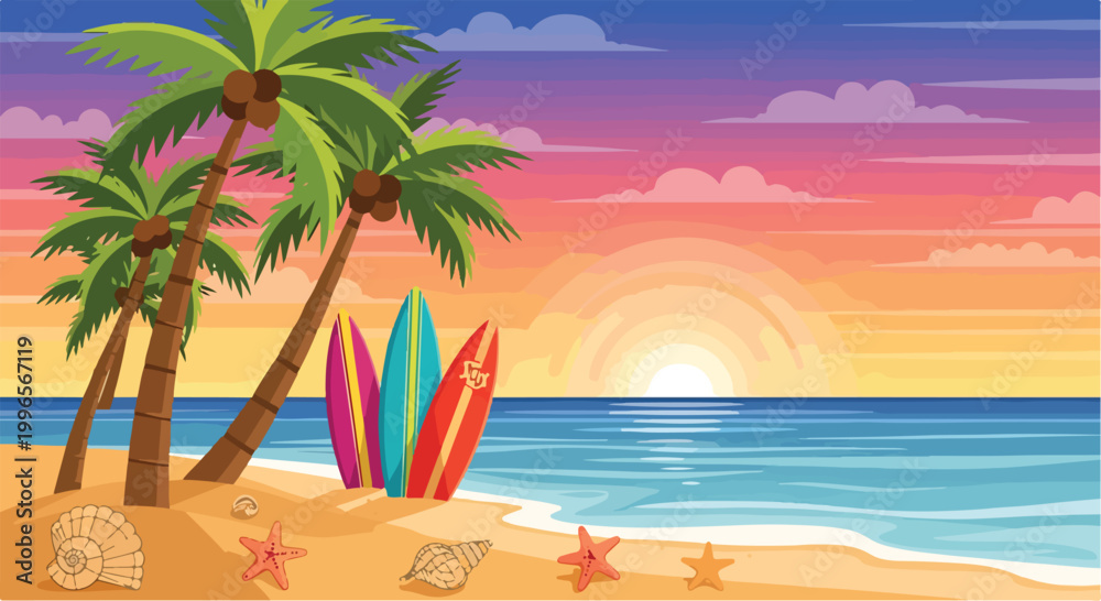 Obraz premium A serene beach scene with palm trees and surfboards