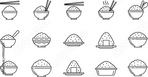 Set of Various Rice Bowl Icons with Chopsticks, Steamed, and Styled Rice for Food, Cooking, and Asian Cuisine Designs