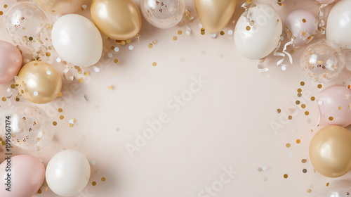 White gold and blush balloon border with birthday copy space