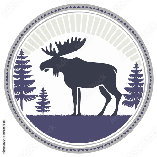 Majestic moose silhouette standing in a forest clearing with pine trees inside a circular emblem design