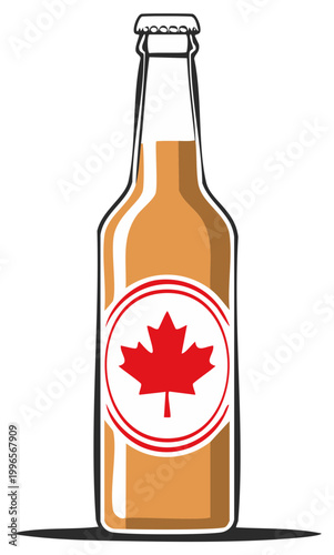 Beer Bottle Illustration with a Red Maple Leaf Emblem, Beverage Concept