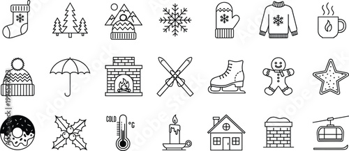 Set of Winter and Holiday Icons Including Snowflakes, Mittens, Hot Drink, Christmas Tree, and More for Seasonal Designs