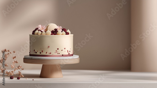 Minimal frosted birthday cake on pedestal with copy space