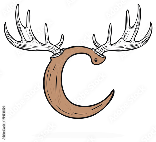 Illustrated alphabet letter C with large moose antlers for a rustic monogram or logo design