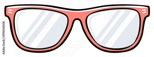 Cartoon coral pink eyeglasses with clear lenses and reflections on white