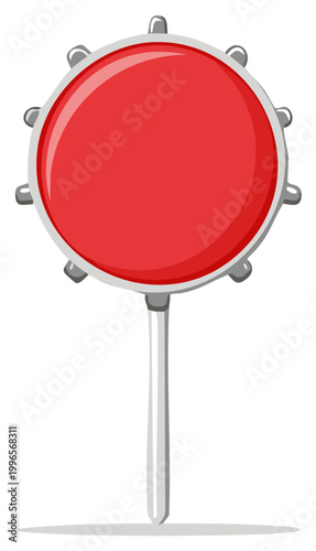 Illustrated graphic of a red and white toy tambourine isolated with a long silver handle, shadow.