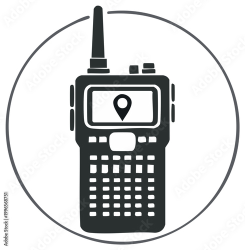 Portable radio set featuring a location pin symbol, modern communication tool for field operations and security services