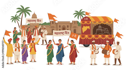 Majestic Maharashtra Day festival vector parade, with a grand float displaying the state map and fort silhouette, people carrying flags and "Maharashtra Din" banners.